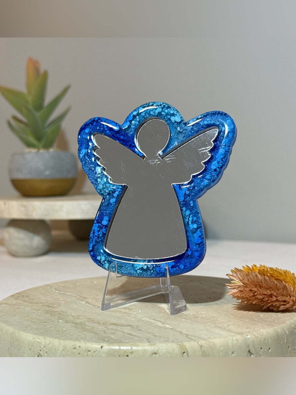 Handmade Blue Resin Angel Mirror | Glitter Decorative Mirror - Picture 2 of 6